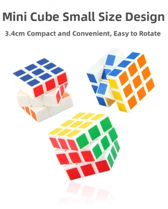 Three 3.4cm mini 3x3 puzzle cubes in mid-twist showing flexible plastic square structure