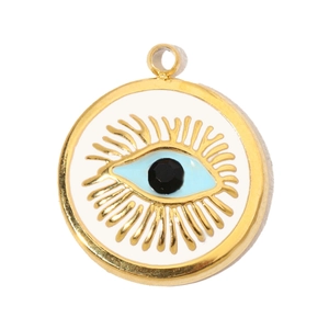 Macro detail of gold evil eye pendant with blue enamel and central black stone