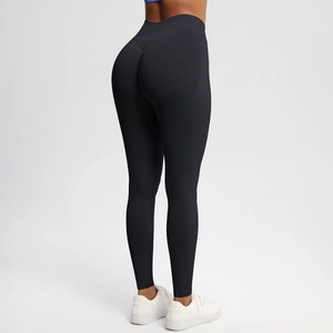 Detail view of high waisted seamless yoga leggings with scrunch butt lift feature in black
