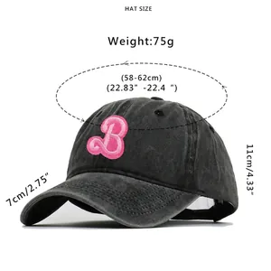 Washed dark denim baseball cap with pink embroidered B letter and adjustable strap
