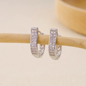 Detailed close-up of silver earrings with double-row cubic zirconia on a wooden branch