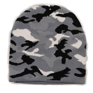 Detail showing the thick camo knit texture and pattern of the warm winter beanie