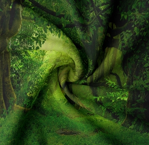 Detailed macro view of the smooth polyester forest tapestry fabric texture and draping