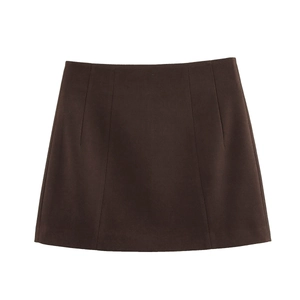 Detailed view of high-waist dark brown A-line skirt with dense wool-like fabric texture