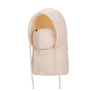 Beige winter warm hooded neck warmer with integrated face mask and adjustable drawstring