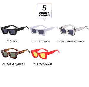 Detailed grid showing five color options of geometric cat eye sunglasses in a minimalist style
