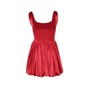 Detail view of red satin mini dress back with zipper closure and bubble hem design