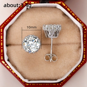 Close-up of 10mm crown-set cubic zirconia earrings on red jewelry box with weight specs