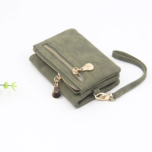 Green frosted PU leather wallet with wristlet and dual zippers on white background