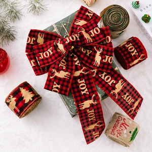 Christmas burlap ribbons with JOY moose print and Merry Christmas patterns for gift wrapping