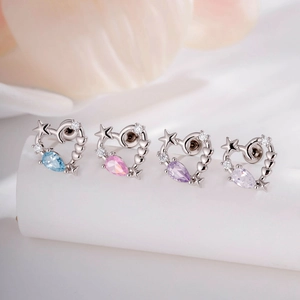 Heart Ear Cartilage Stud Piercing Jewelry Copper With Teardrop Cubic Zirconia Hollow Star Moon Design For Women Daily