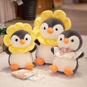 Penguin Plush Toy Soft Stuffed Animal Doll With Sunflower Headband And Bow Tie Cute Room Decor Gift For Kids Children