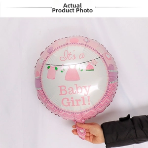 Detail of round It's a Baby Girl foil balloon with pink border for baby shower parties