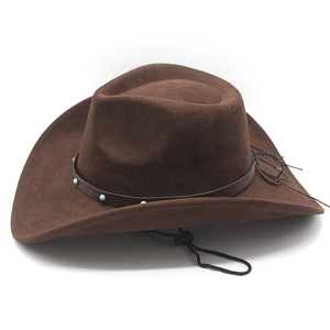 Detail of a brown suede cowboy hat with turquoise bead band and adjustable wind string