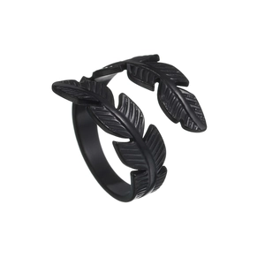 Detailed macro view of adjustable black feather ring with intricate leaf vein texture