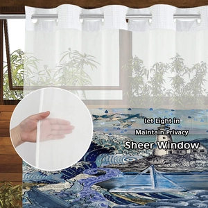 Detail of sheer shower curtain with Ukiyo-e ocean wave print and silver metal grommets