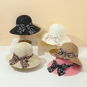 Cappello di Paglia a Tesa Larga da Donna Protezione Solare Estiva Pieghevole Cupola Rotonda Con Fiocco in Nastro Floreale Vacanza