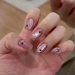 ABS Press On Nails Cat Eye Square Round Star Pattern Nude Pink Sweet Cool Style Removable Fake Nails Women