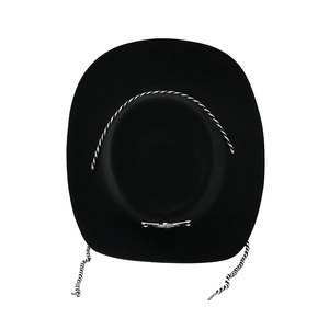 Top view of a black felt cowboy hat with a silver hex star badge and woven chin strap