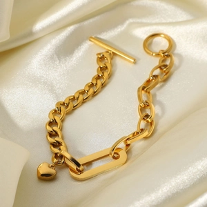 18K gold-plated stainless steel Cuban link bracelet with heart pendant and OT toggle clasp