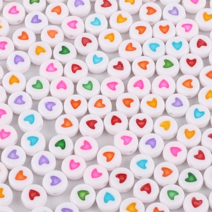 Flat round white acrylic letter beads with colorful heart patterns for DIY jewelry making