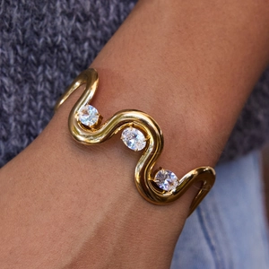 Classic 18K gold stainless steel wavy open bangle with white zircon stones for women