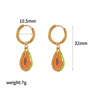 Cute stainless steel gold hoop earrings with green and orange papaya fruit enamel pendants