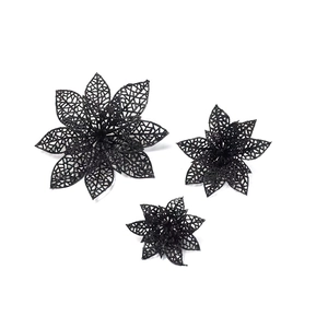 Three-piece set of black glitter hollow poinsettia ornaments for Christmas tree decor