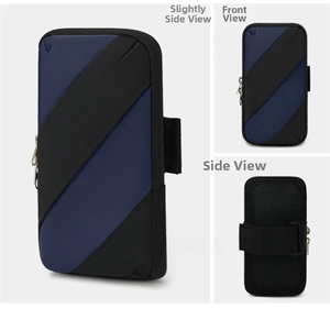 Multi-angle views of blue sports armband showing breathable mesh and elastic strap