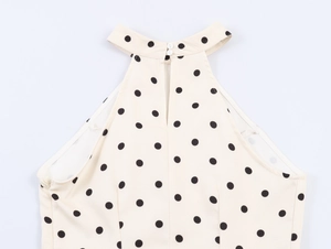 Détail de la robe à pois montrant le col licou avec fermeture à bouton et fermeture éclair