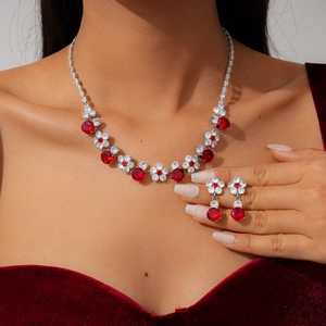 Flower Necklace And Earrings Copper Cubic Zirconia Round Stones Luxury Retro Palace Style For Women Party Wear