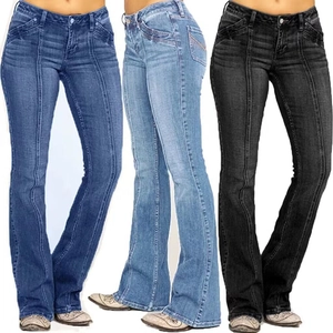 Women's low-rise flare jeans in dark blue, light blue, and black denim styles