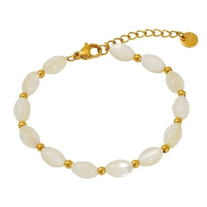 Elegant 18K gold-plated stainless steel bracelet with white oval shell beads and lobster clasp