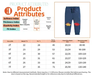Size chart for boys dinosaur sweatpants with detailed measurements and fabric guide