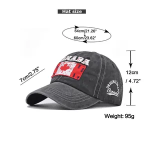 Size chart for washed cotton baseball cap with Canada maple leaf embroidery details