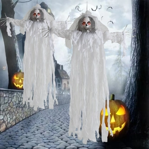 Hanging Halloween ghosts with glowing red eyes and tattered white robes for spooky decor