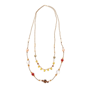 Bohemian double-layer long necklace with amber and red glass beads and floral charms