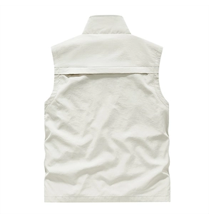 Back view of a khaki outdoor vest featuring a stand collar and breathable back ventilation