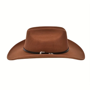 Classic brown felt western cowboy hat with a black decorative band and silver metal buckle