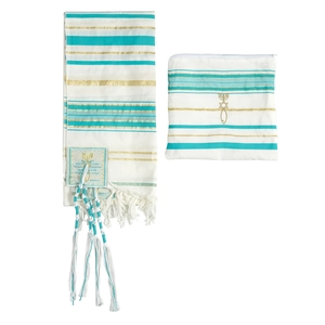 Detailed embroidery of Messianic Tallit with biblical verses and matching storage bag