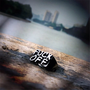Punk style black stainless steel signet ring with Fuck Off embossed white lettering