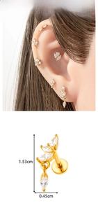 Macro detail of gold marquise zircon stud earring showing dimensions and screw back