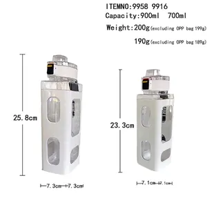700ml and 900ml white square sports water bottles with dimensions and carrying straps