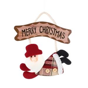 Plush Santa ornament with Merry Christmas sign and red green plaid details for decor