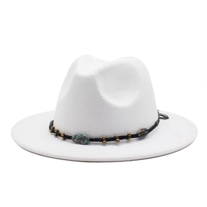 Vintage Woolen Fedora Hat Wide Brim Jazz Cap With Bohemian Braided Band Turquoise Beads For Men Women