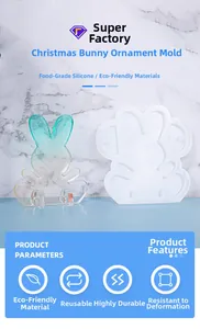 Detailed view of translucent silicone mold and a sparkling green resin Christmas bunny
