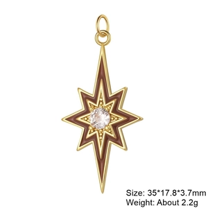 Golden star pendant with brown enamel inlay and center zircon stone, size 35x17.8x3.7mm