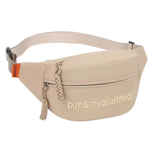 Beige casual canvas waist bag with adjustable strap and fashion label for women