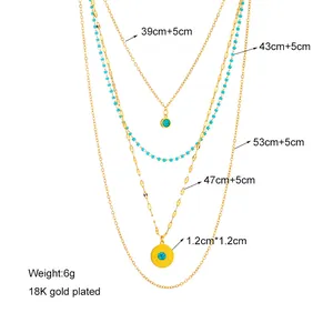 Detailed size guide for multi-layered titanium steel necklace with turquoise pendant