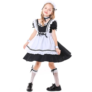 Girls Maid Costume Dress Apron Headband Neckpiece Cuffs Socks Black White Polyester For Kids Cosplay Halloween Party